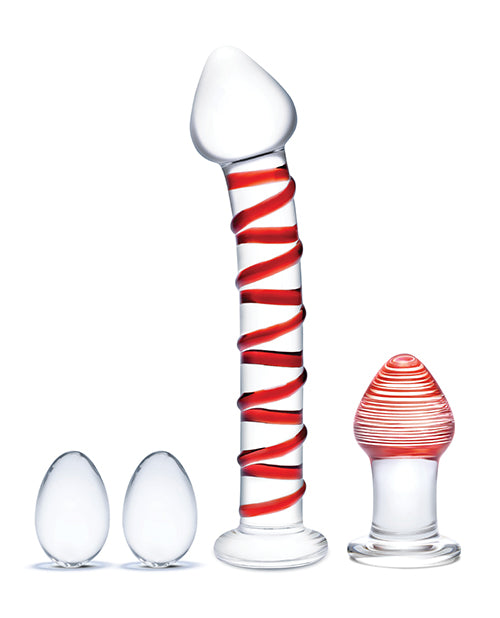 Glas 4-Piece Glass Dildo Set | Mr Swirly Glass Kegel Balls | 3.25" Red Butt Plug - Awesome Adult Toys 